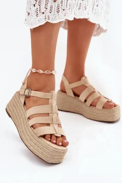 Sandały Na Koturnie>Boto Sandały Damskie Z Paskami I Plecionką Beżowe Pardauss Beżowy