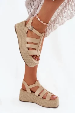 Sandały Na Koturnie>Boto Sandały Damskie Z Paskami I Plecionką Beżowe Pardauss Beżowy
