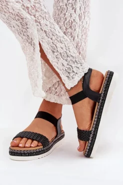 Online Sandały Damskie Z Plecionką Na Zdobionej Platformie Czarne Velara Damskie Sandały Płaskie