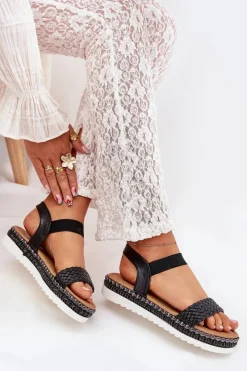 Online Sandały Damskie Z Plecionką Na Zdobionej Platformie Czarne Velara Damskie Sandały Płaskie