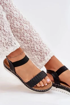 Online Sandały Damskie Z Plecionką Na Zdobionej Platformie Czarne Velara Damskie Sandały Płaskie