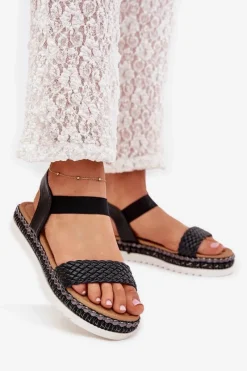 Online Sandały Damskie Z Plecionką Na Zdobionej Platformie Czarne Velara Damskie Sandały Płaskie