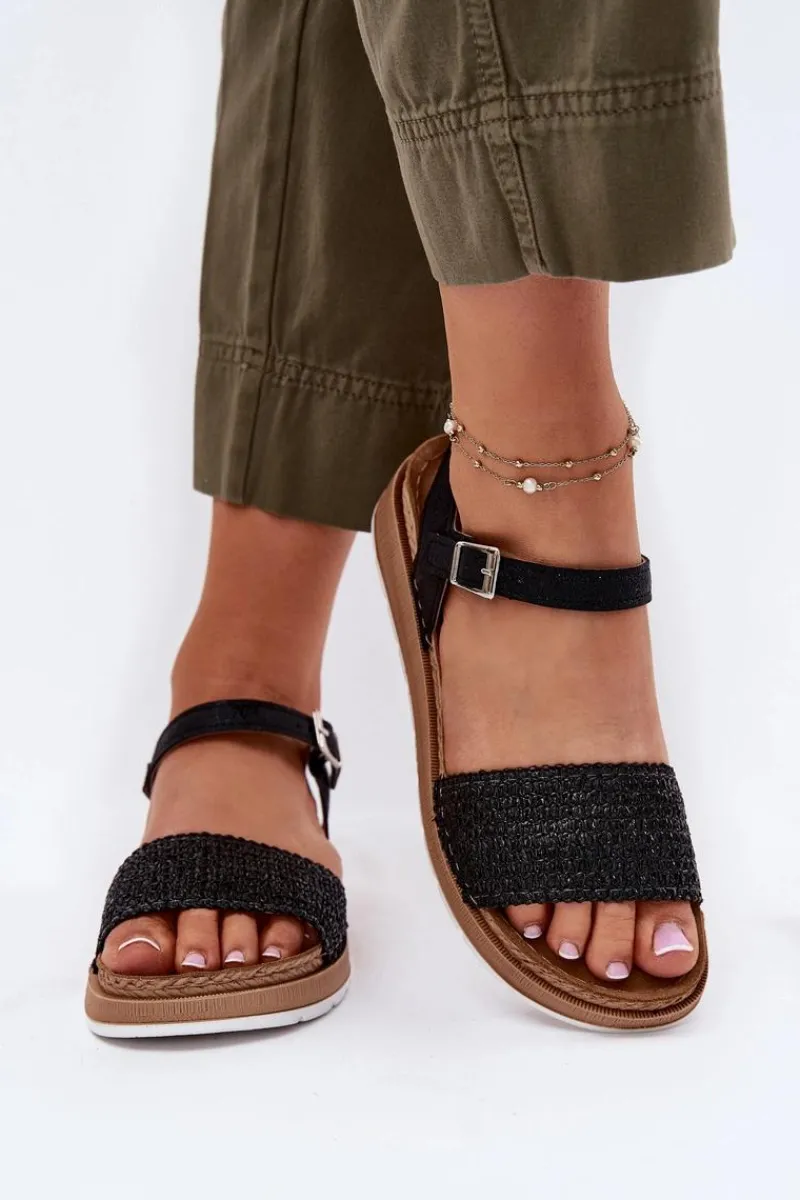 Online Sandały Damskie Z Plecionką Na Pasku GS000050 Czarne Damskie Sandały Na Koturnie|Sandały Płaskie