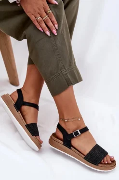 Online Sandały Damskie Z Plecionką Na Pasku GS000050 Czarne Damskie Sandały Na Koturnie|Sandały Płaskie