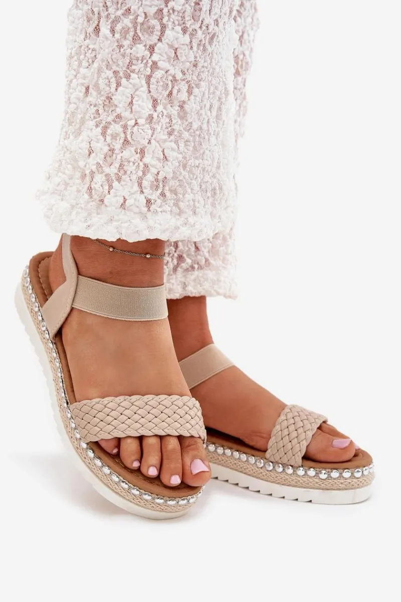 Sandały Płaskie>Boto Sandały Damskie Z Plecionką Na Zdobionej Platformie Beżowe Velara