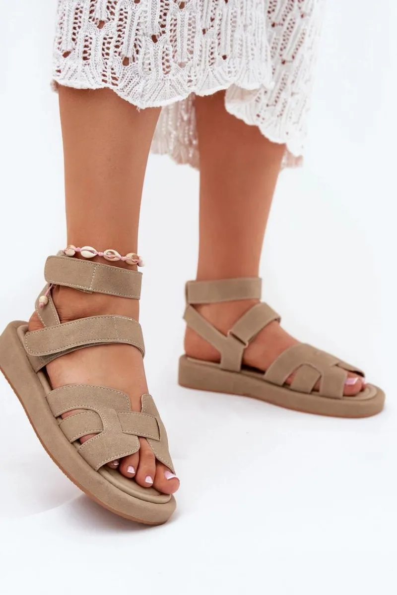 Sandały Płaskie>Boto Sandały Damskie Z Rzepami Khaki Uvissa Beżowy