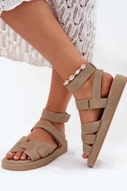 Sandały Płaskie>Boto Sandały Damskie Z Rzepami Khaki Uvissa Beżowy