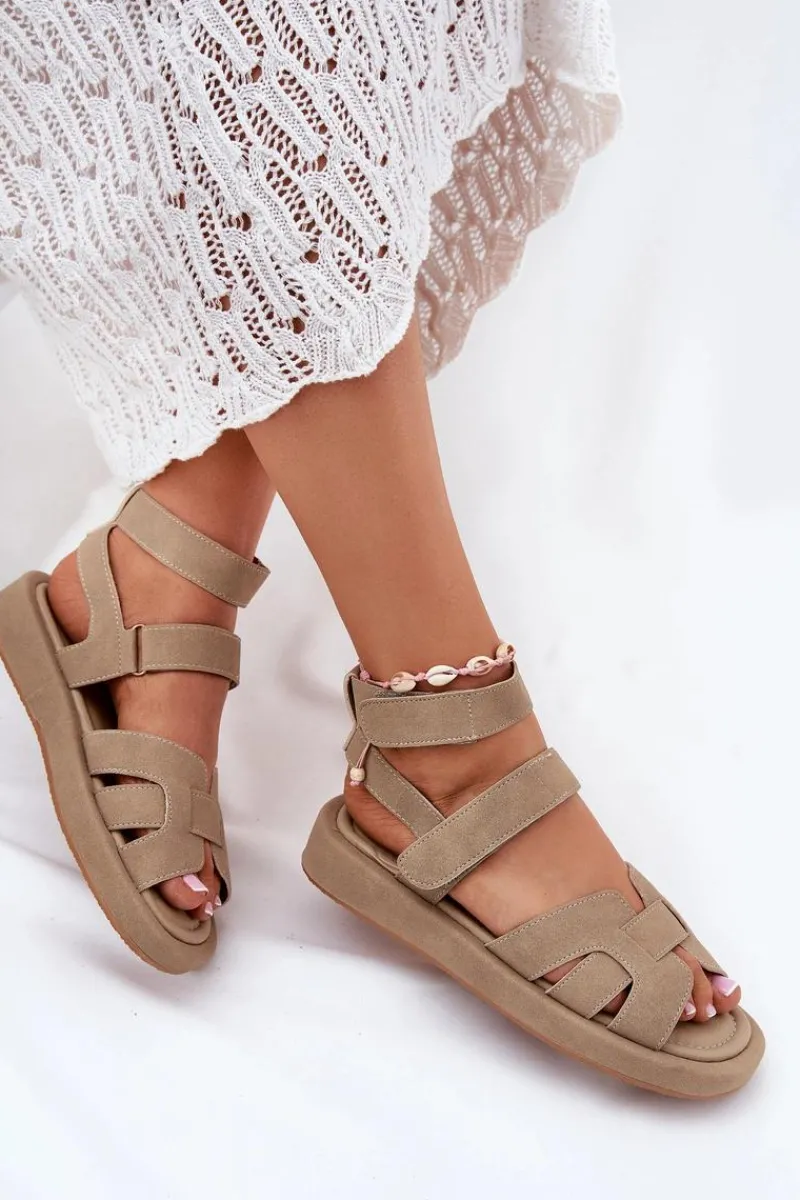 Sandały Płaskie>Boto Sandały Damskie Z Rzepami Khaki Uvissa Beżowy