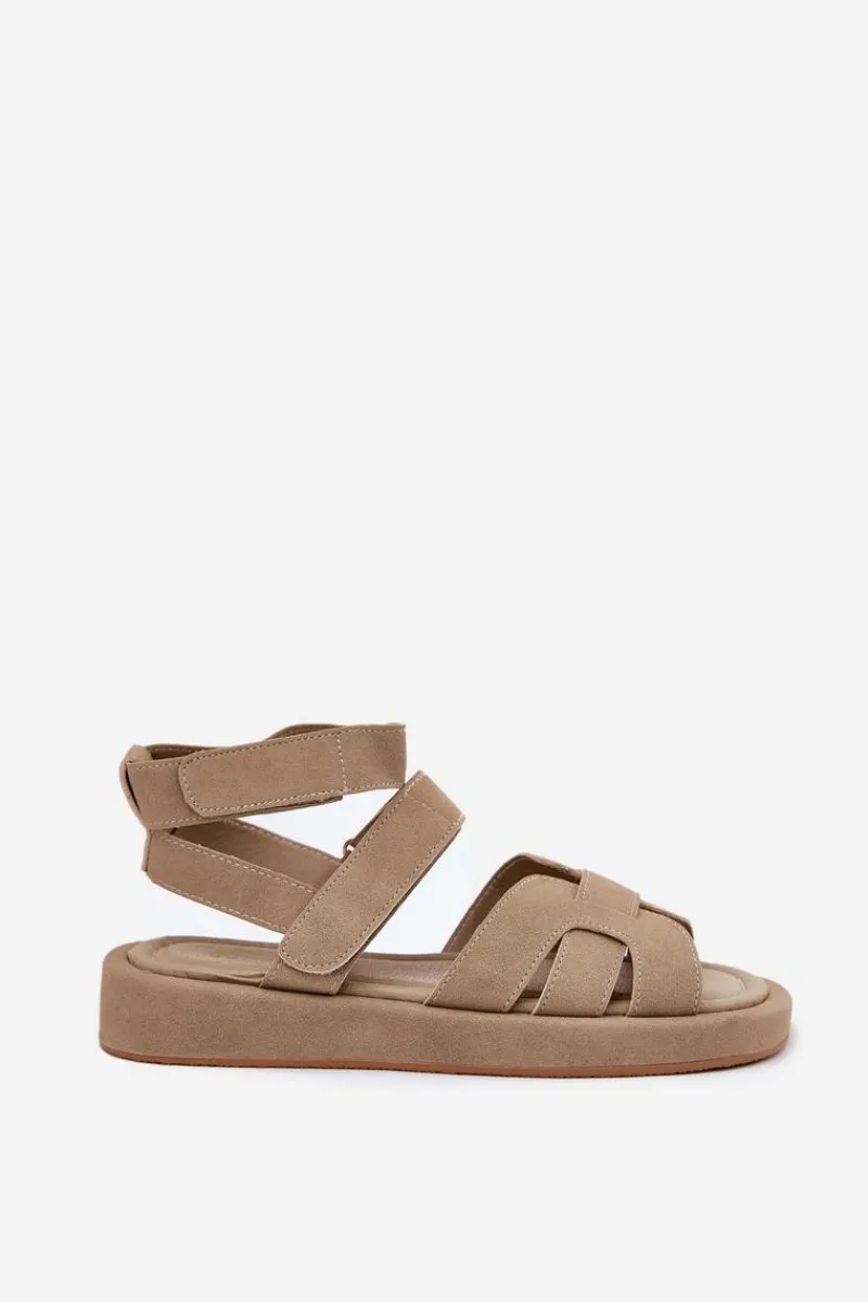 Sandały Płaskie>Boto Sandały Damskie Z Rzepami Khaki Uvissa Beżowy