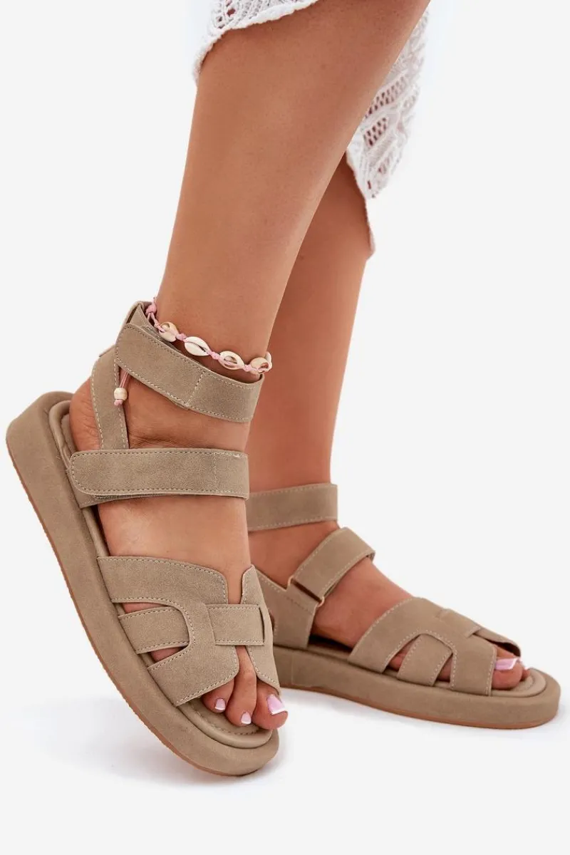 Sandały Płaskie>Boto Sandały Damskie Z Rzepami Khaki Uvissa Beżowy