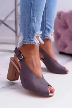 Sale Sandały Damskie Zamszowe Ciemnoszare Celian Damskie Sandały Na Obcasie