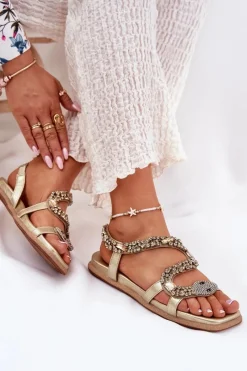 Best Sandały Damskie Ze Zdobieniem Wąż Eko Skórzane 56C1362 Złote Damskie Sandały Płaskie