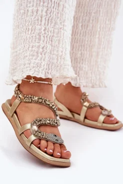 Best Sandały Damskie Ze Zdobieniem Wąż Eko Skórzane 56C1362 Złote Damskie Sandały Płaskie