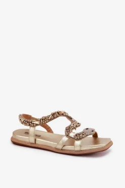 Best Sandały Damskie Ze Zdobieniem Wąż Eko Skórzane 56C1362 Złote Damskie Sandały Płaskie