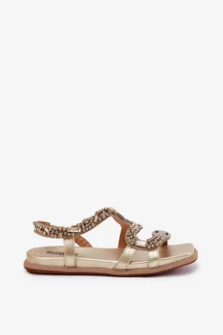 Best Sandały Damskie Ze Zdobieniem Wąż Eko Skórzane 56C1362 Złote Damskie Sandały Płaskie