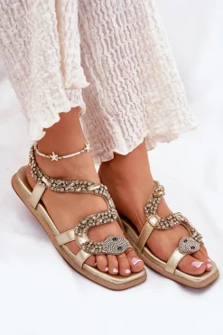 Best Sandały Damskie Ze Zdobieniem Wąż Eko Skórzane 56C1362 Złote Damskie Sandały Płaskie