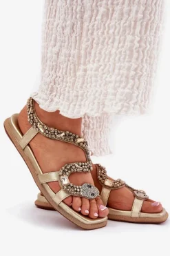 Best Sandały Damskie Ze Zdobieniem Wąż Eko Skórzane 56C1362 Złote Damskie Sandały Płaskie