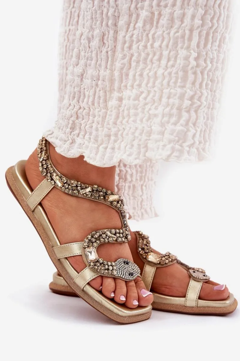 Best Sandały Damskie Ze Zdobieniem Wąż Eko Skórzane 56C1362 Złote Damskie Sandały Płaskie