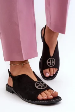 New Sandały Damskie Ze Złotą Ozdobą Eko Zamszowe S.Barski KV27-059 Czarne Damskie Sandały Płaskie