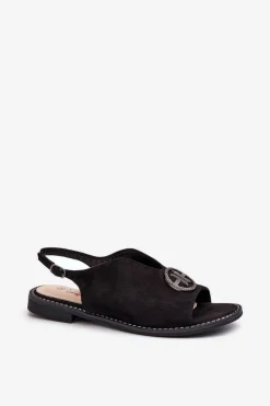 New Sandały Damskie Ze Złotą Ozdobą Eko Zamszowe S.Barski KV27-059 Czarne Damskie Sandały Płaskie