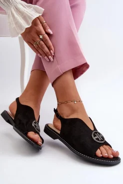 New Sandały Damskie Ze Złotą Ozdobą Eko Zamszowe S.Barski KV27-059 Czarne Damskie Sandały Płaskie
