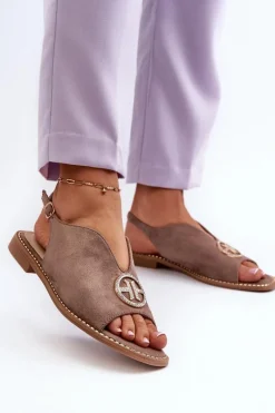 Sandały Płaskie>Damskie buty S.Barski Sandały Damskie Ze Złotą Ozdobą Eko Zamszowe S.Barski KV27-059 Brązowe