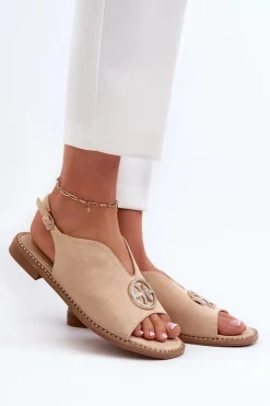 Best Sandały Damskie Ze Złotą Ozdobą Eko Zamszowe S.Barski KV27-059 Beżowe Damskie Sandały Płaskie