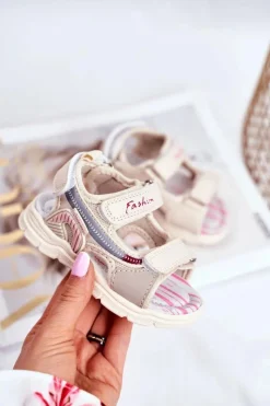 Online Sandały Dziecięce na Rzepy Beżowe Grobino Dzieci Dziewczęce