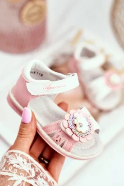 Boto Sandały Dziecięce na Rzepy Kwiatuszek Różowe Mino