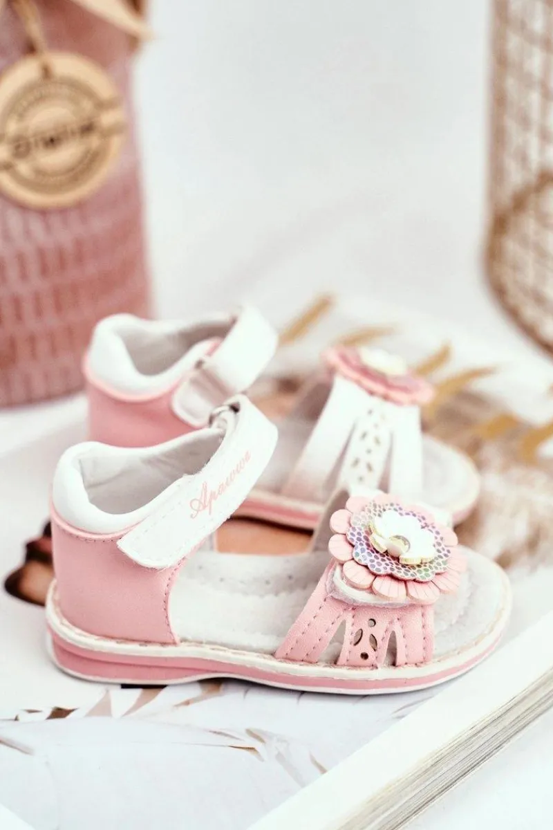 Boto Sandały Dziecięce na Rzepy Kwiatuszek Różowe Mino