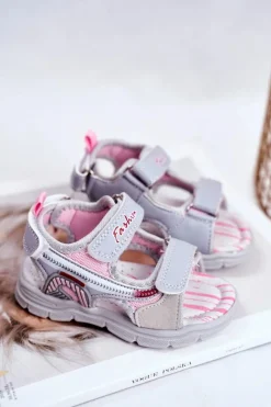 Outlet Boto Sandały Dziecięce na Rzepy Szare Grobino