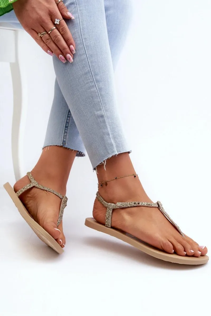 Sandały Japonki Z Brokatem Damskie 26914 Class Brilha Fem Złote Damskie Sandały Gumowe|Sandały Płaskie