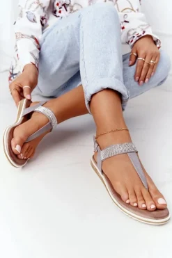 Damskie buty S.Barski Sandały Japonki Z Cyrkoniami S.Barski 701-12 Szare