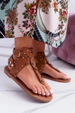 Sandały Płaskie>Boto Sandały Japonki Z Dżetami Lu Boo Camel