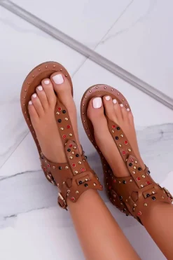 Sandały Płaskie>Boto Sandały Japonki Z Dżetami Lu Boo Camel