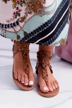 Sandały Płaskie></noscript>Boto Sandały Japonki Z Dżetami Lu Boo Camel