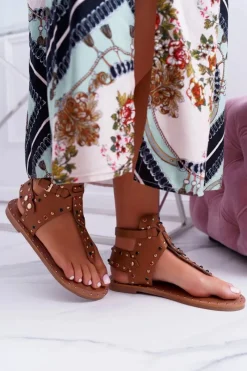 Sandały Płaskie></noscript>Boto Sandały Japonki Z Dżetami Lu Boo Camel