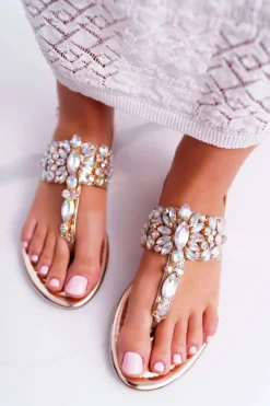 Best Sandały Japonki Z Kryształami Lu Boo Różowe Złoto Damskie Sandały Płaskie