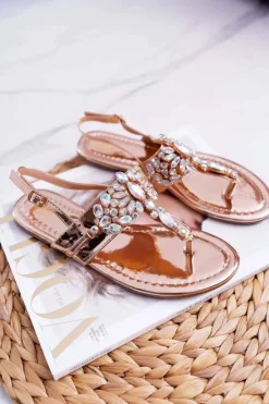 Best Sandały Japonki Z Kryształami Lu Boo Różowe Złoto Damskie Sandały Płaskie