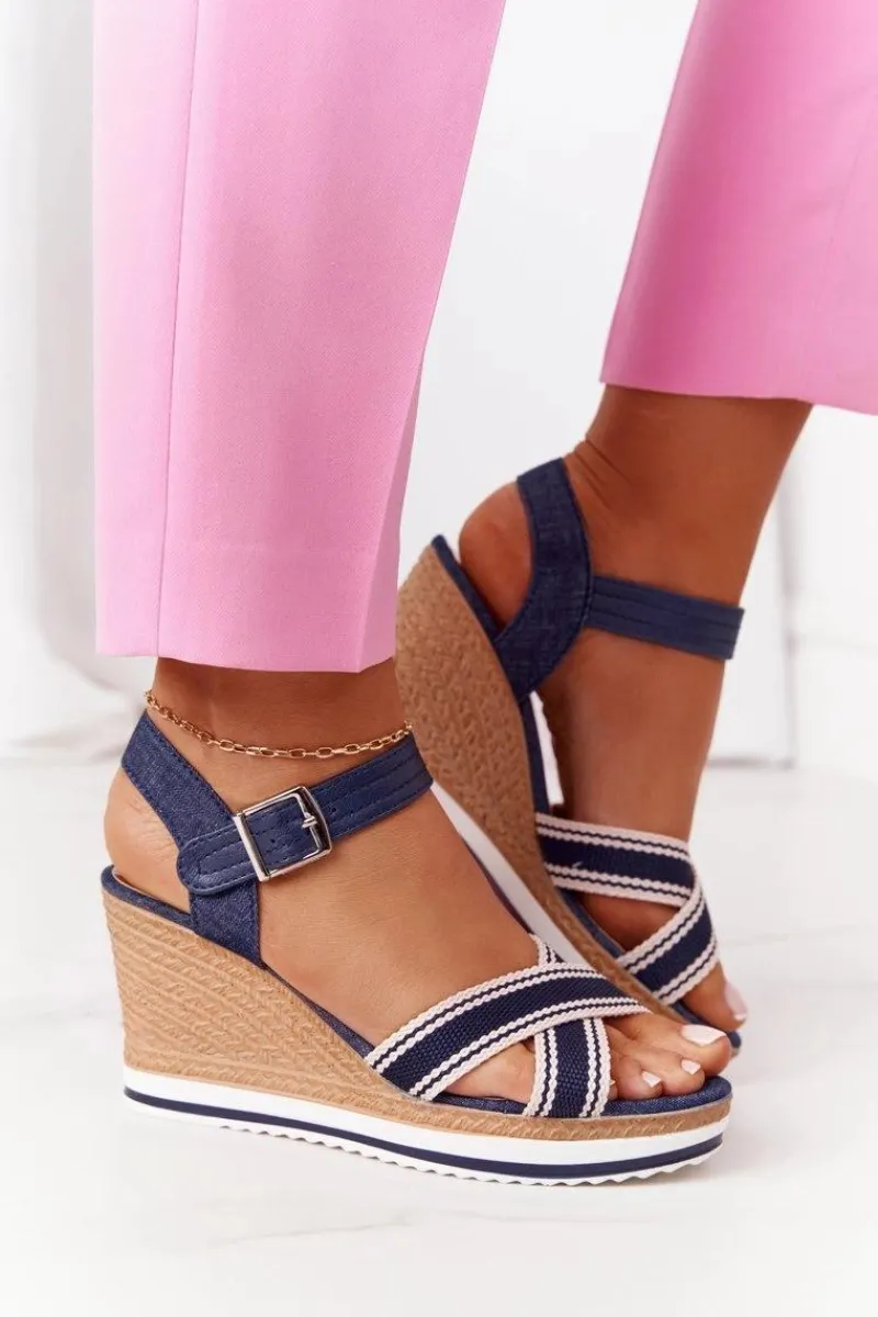 Sandały Na Koturnie>Boto Sandały Na Koturnie W Stylu Marynarskim Granatowe Sea Wave