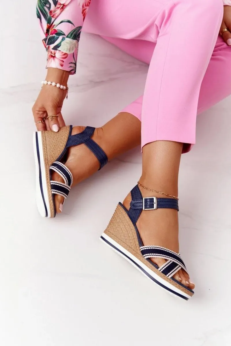 Sandały Na Koturnie>Boto Sandały Na Koturnie W Stylu Marynarskim Granatowe Sea Wave