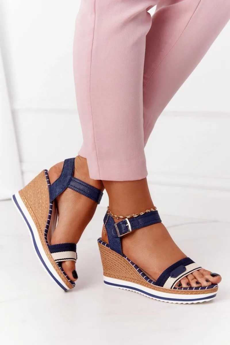 Boto Sandały Na Koturnie W Stylu Marynarskim Granatowe Tropical