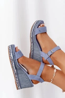 Sale Sandały Na Koturnie Z Cekinami Niebieskie Scilla Damskie Sandały Na Koturnie