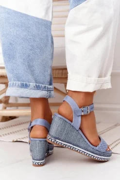 Sale Sandały Na Koturnie Z Cekinami Niebieskie Scilla Damskie Sandały Na Koturnie