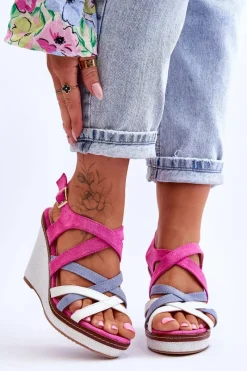 Sale Sandały Na Koturnie Z Paseczkami Fuksja Ellen Damskie Sandały Na Koturnie