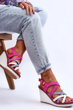 Sale Sandały Na Koturnie Z Paseczkami Fuksja Ellen Damskie Sandały Na Koturnie