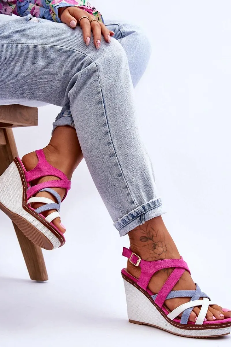 Sale Sandały Na Koturnie Z Paseczkami Fuksja Ellen Damskie Sandały Na Koturnie