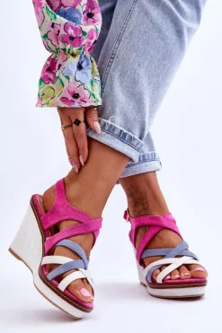 Sale Sandały Na Koturnie Z Paseczkami Fuksja Ellen Damskie Sandały Na Koturnie