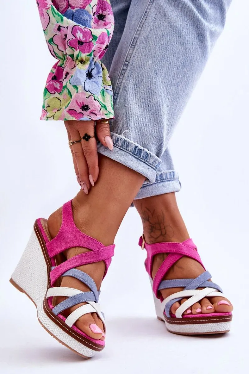 Sale Sandały Na Koturnie Z Paseczkami Fuksja Ellen Damskie Sandały Na Koturnie