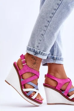 Sale Sandały Na Koturnie Z Paseczkami Fuksja Ellen Damskie Sandały Na Koturnie
